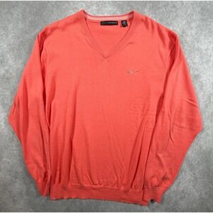 Greg Norman Mens XL Sweater Cotton Orange V Neck Shark Logo Golf Pullover
